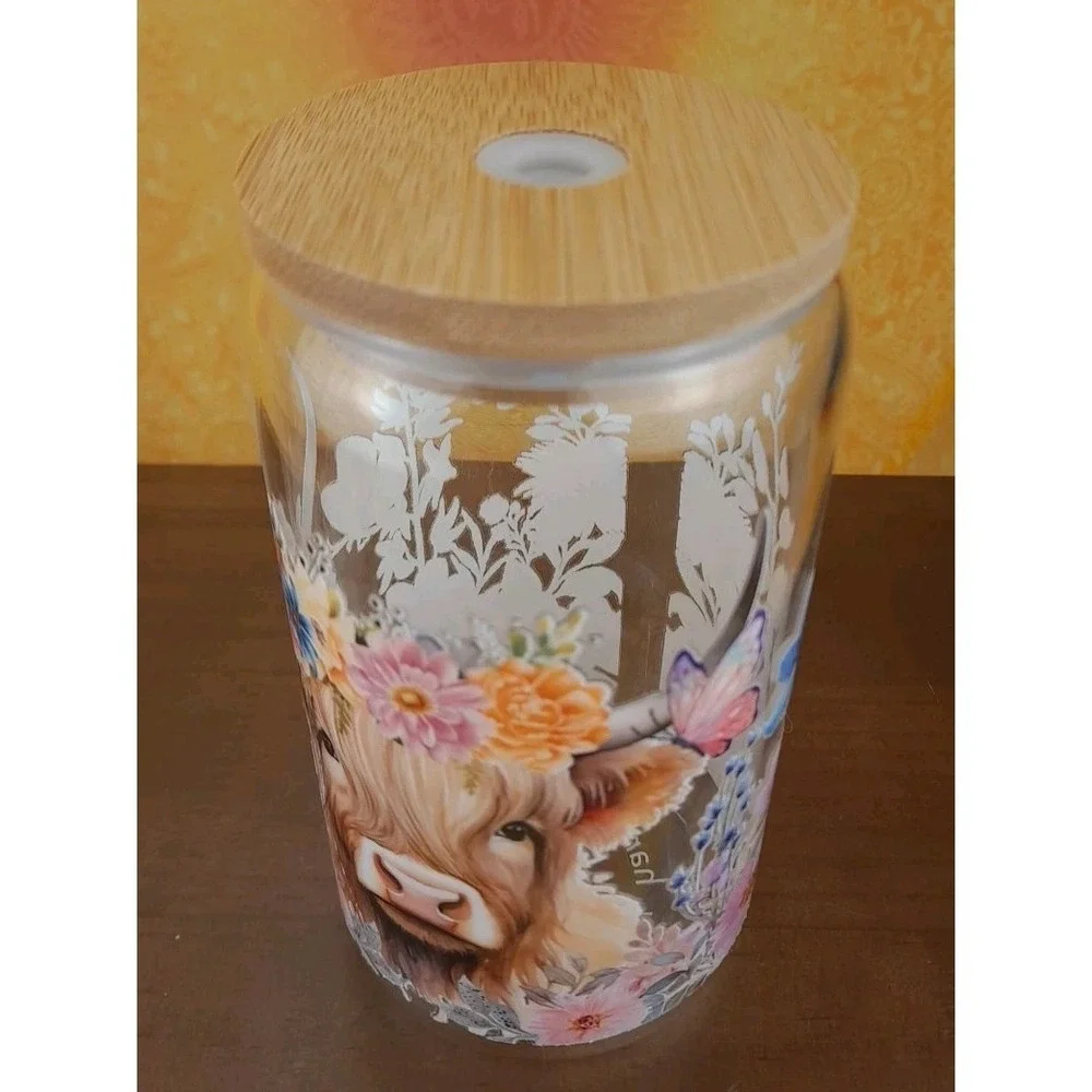 Midland Brown Cow With Wildflowers 12oz Frosted Glass Tumbler With Straw‎